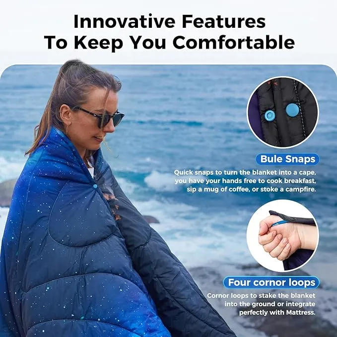 KingCamp Lightweight Camping Blanket - Down Alternative Puffy Printed Camping Quilt - Portable for Travel, Picnic, Hiking, Stadium, Airplane - 79" x 57" (Starrysky)