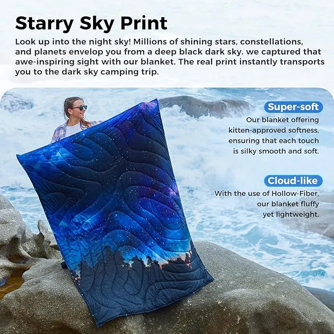 KingCamp Lightweight Camping Blanket - Down Alternative Puffy Printed Camping Quilt - Portable for Travel, Picnic, Hiking, Stadium, Airplane - 79" x 57" (Starrysky)