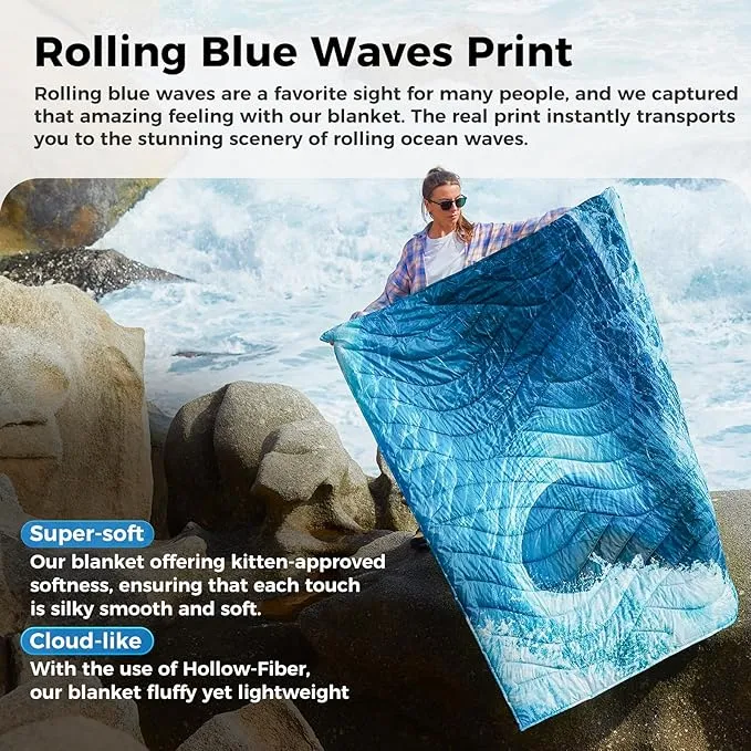 KingCamp Lightweight Camping Blanket - Down Alternative Puffy Printed Camping Quilt - Portable for Travel, Picnic, Hiking, Stadium, Airplane - 79" x 57" (Sunrise)