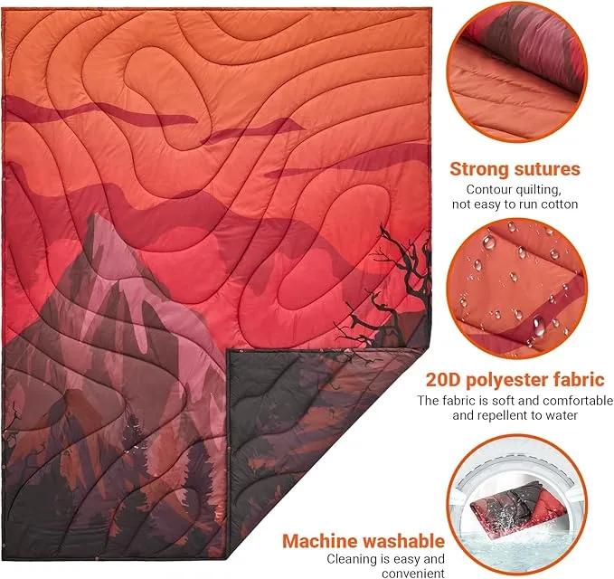 KingCamp Lightweight Camping Blanket - Puffy Printed Warm Camping Quilt with Snap Button - Portable for Travel, Hiking, Stadium, Airplane - 69" x 53" - Rosered