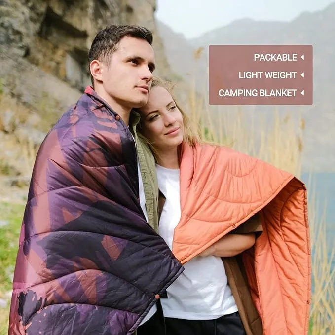 KingCamp Lightweight Camping Blanket - Puffy Printed Warm Camping Quilt with Snap Button - Portable for Travel, Hiking, Stadium, Airplane - 69" x 53" - Rosered
