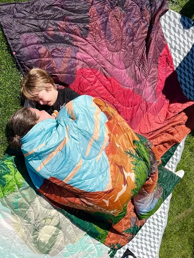 KingCamp Lightweight Camping Blanket - Puffy Printed Warm Camping Quilt with Snap Button - Portable for Travel, Hiking, Stadium, Airplane - 69" x 53" - Rosered