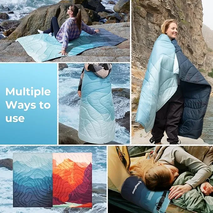 KingCamp Lightweight Camping Blanket - Puffy Printed Warm Camping Quilt with Snap Button - Portable for Travel, Hiking, Stadium, Airplane - 79" x 57" - Cyan