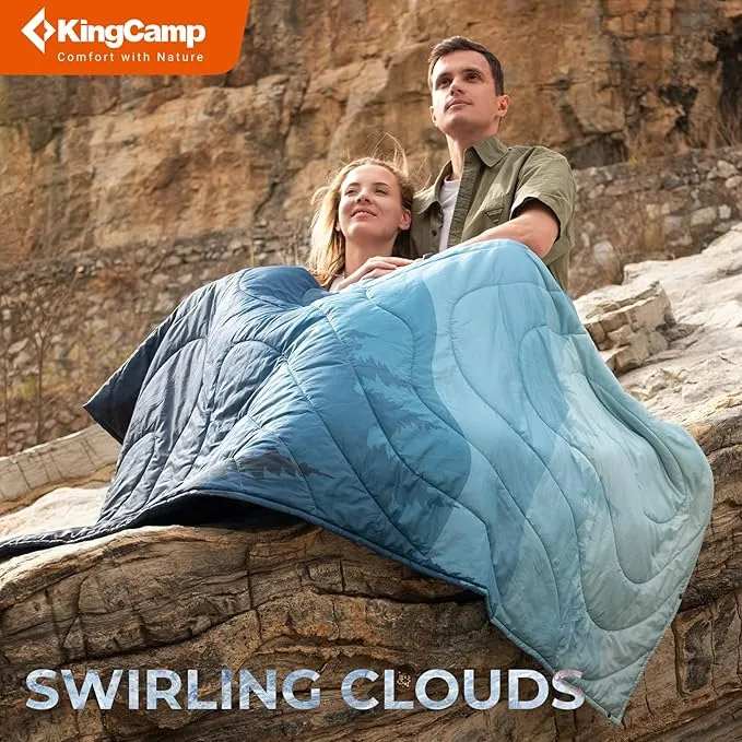 KingCamp Lightweight Camping Blanket - Puffy Printed Warm Camping Quilt with Snap Button - Portable for Travel, Hiking, Stadium, Airplane - 79" x 57" - Cyan