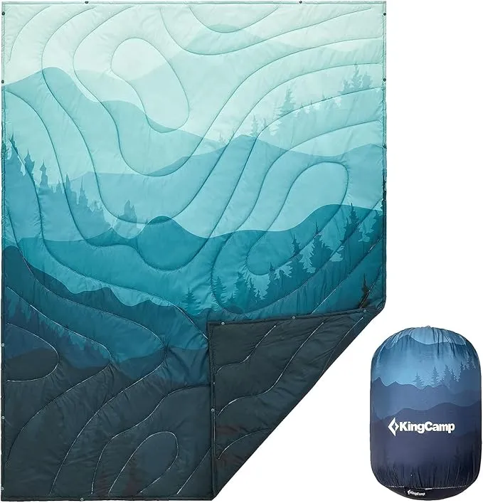 KingCamp Lightweight Camping Blanket - Puffy Printed Warm Camping Quilt with Snap Button - Portable for Travel, Hiking, Stadium, Airplane - 79" x 57" - Cyan