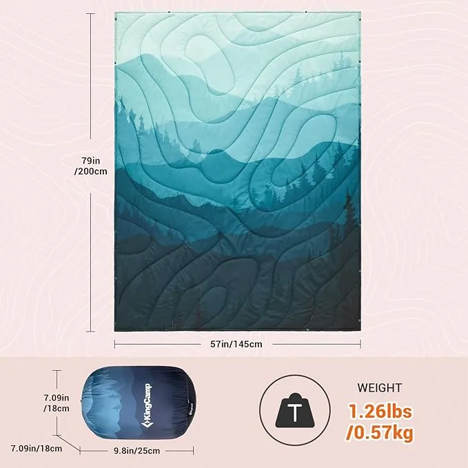 KingCamp Lightweight Camping Blanket - Puffy Printed Warm Camping Quilt with Snap Button - Portable for Travel, Hiking, Stadium, Airplane - 79" x 57" - Cyan