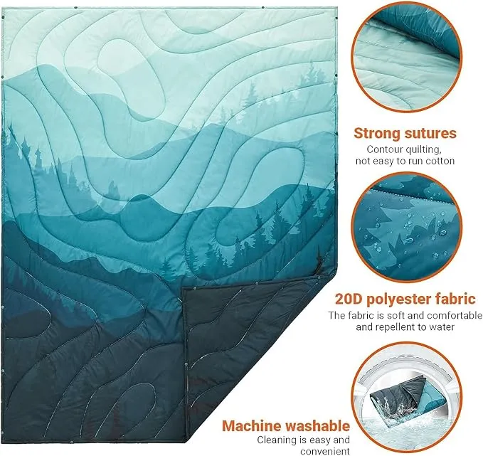 KingCamp Lightweight Camping Blanket - Puffy Printed Warm Camping Quilt with Snap Button - Portable for Travel, Hiking, Stadium, Airplane - 79" x 57" - Cyan