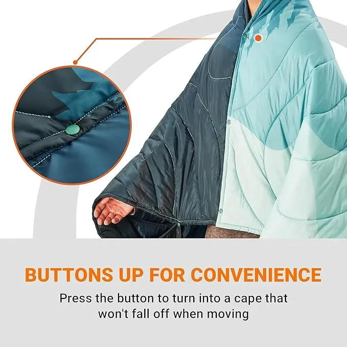 KingCamp Lightweight Camping Blanket - Puffy Printed Warm Camping Quilt with Snap Button - Portable for Travel, Hiking, Stadium, Airplane - 79" x 57" - Cyan