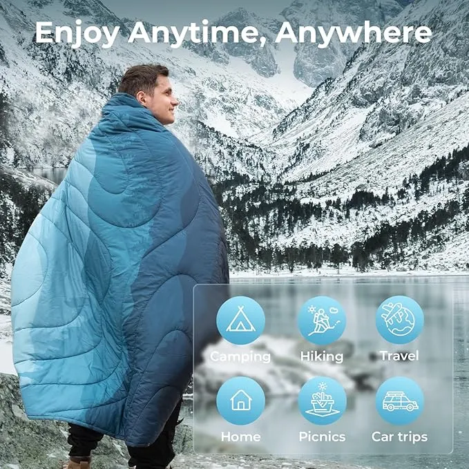 KingCamp Lightweight Camping Blanket - Puffy Printed Warm Camping Quilt with Snap Button - Portable for Travel, Hiking, Stadium, Airplane - 79" x 57" - Cyan
