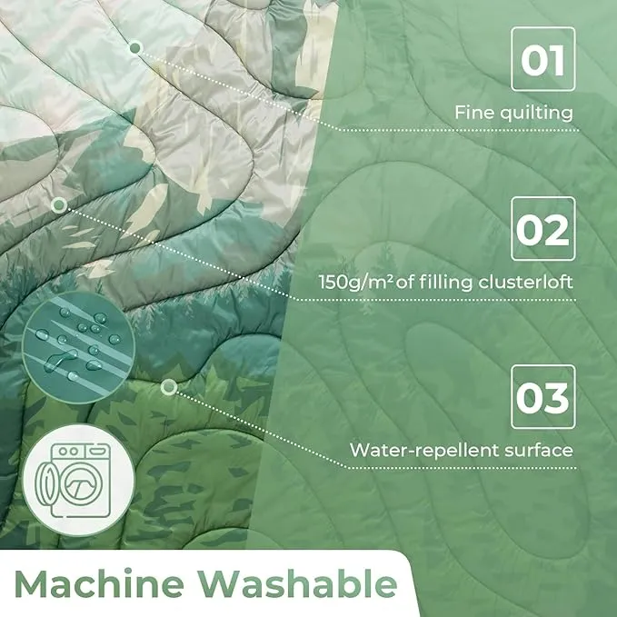 KingCamp Lightweight Camping Blanket - Puffy Printed Warm Camping Quilt with Snap Button - Portable for Travel, Hiking, Stadium, Airplane - 79" x 57" - Green