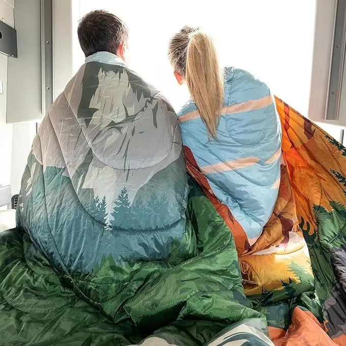 KingCamp Lightweight Camping Blanket - Puffy Printed Warm Camping Quilt with Snap Button - Portable for Travel, Hiking, Stadium, Airplane - 79" x 57" - Green
