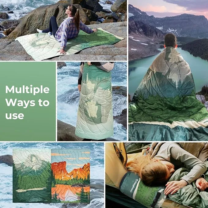 KingCamp Lightweight Camping Blanket - Puffy Printed Warm Camping Quilt with Snap Button - Portable for Travel, Hiking, Stadium, Airplane - 79" x 57" - Green