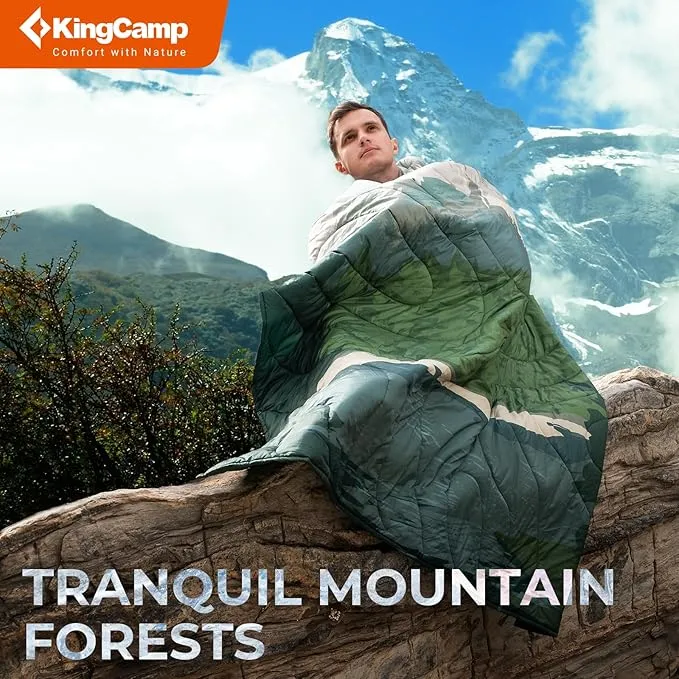 KingCamp Lightweight Camping Blanket - Puffy Printed Warm Camping Quilt with Snap Button - Portable for Travel, Hiking, Stadium, Airplane - 79" x 57" - Green