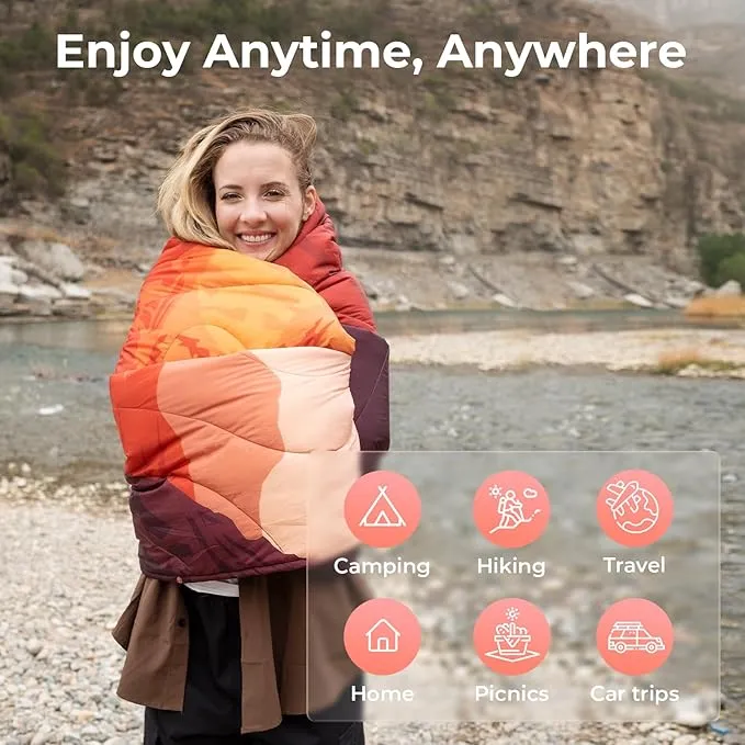 KingCamp Lightweight Camping Blanket - Puffy Printed Warm Camping Quilt with Snap Button - Portable for Travel, Hiking, Stadium, Airplane - 79" x 57" - Orange