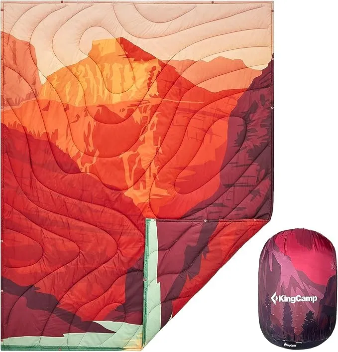 KingCamp Lightweight Camping Blanket - Puffy Printed Warm Camping Quilt with Snap Button - Portable for Travel, Hiking, Stadium, Airplane - 79" x 57" - Orange