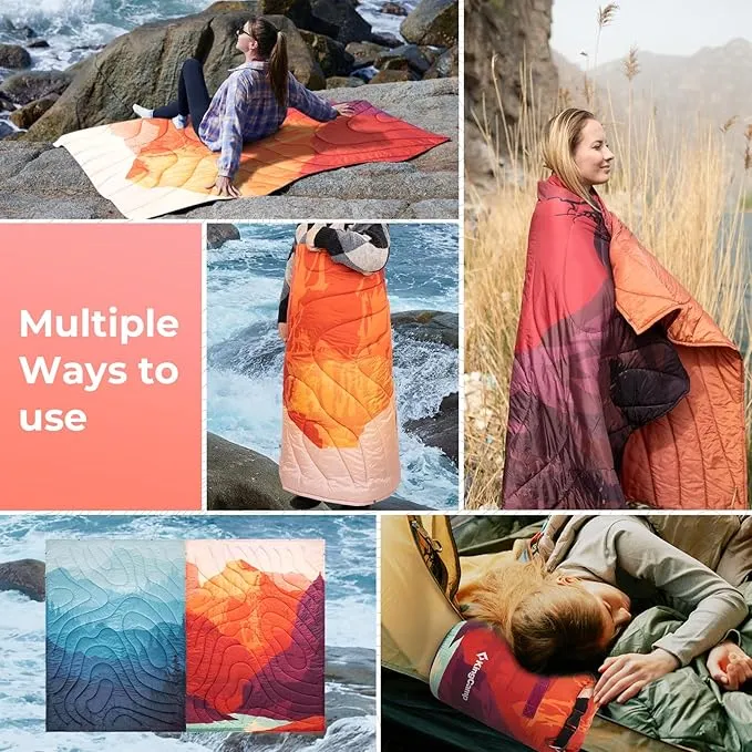 KingCamp Lightweight Camping Blanket - Puffy Printed Warm Camping Quilt with Snap Button - Portable for Travel, Hiking, Stadium, Airplane - 79" x 57" - Orange