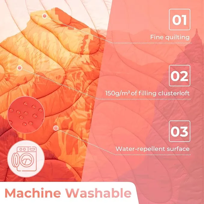 KingCamp Lightweight Camping Blanket - Puffy Printed Warm Camping Quilt with Snap Button - Portable for Travel, Hiking, Stadium, Airplane - 79" x 57" - Orange