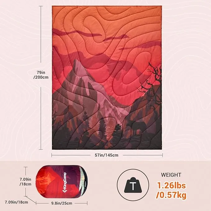 KingCamp Lightweight Camping Blanket - Puffy Printed Warm Camping Quilt with Snap Button - Portable for Travel, Hiking, Stadium, Airplane - 79" x 57" - Orange