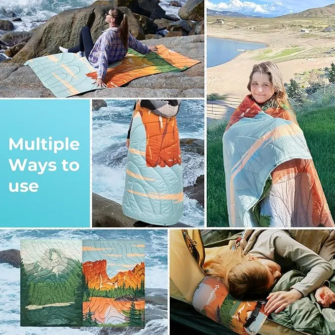 KingCamp Lightweight Camping Blanket - Puffy Printed Warm Camping Quilt with Snap Button - Portable for Travel, Hiking, Stadium, Airplane - 79" x 57" - Orange/Blue