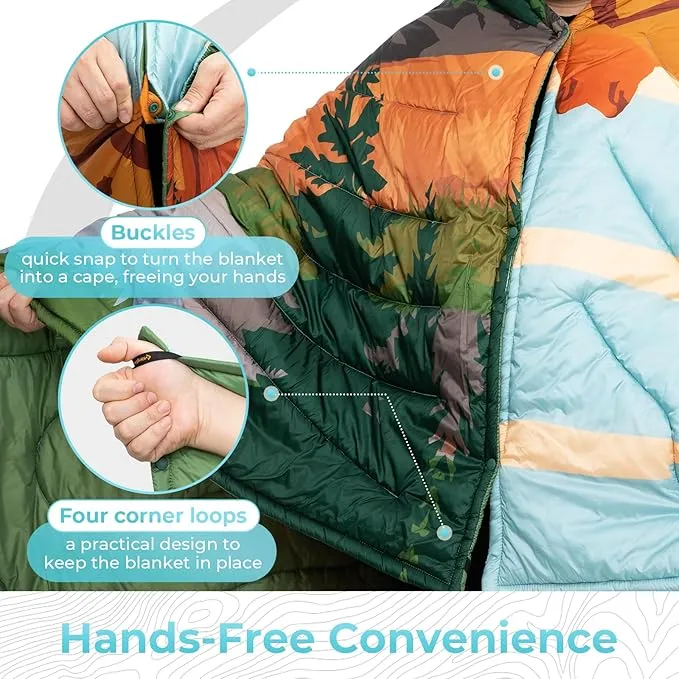 KingCamp Lightweight Camping Blanket - Puffy Printed Warm Camping Quilt with Snap Button - Portable for Travel, Hiking, Stadium, Airplane - 79" x 57" - Orange/Blue
