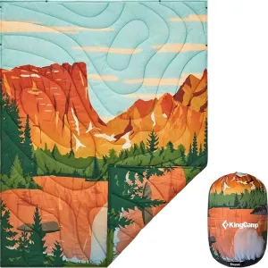 KingCamp Lightweight Camping Blanket - Puffy Printed Warm Camping Quilt with Snap Button - Portable for Travel, Hiking, Stadium, Airplane - 79" x 57" - Orange/Blue