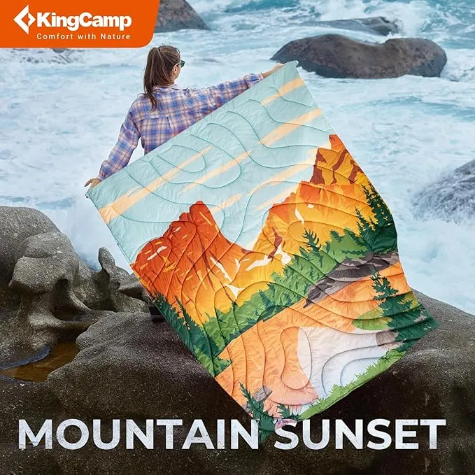 KingCamp Lightweight Camping Blanket - Puffy Printed Warm Camping Quilt with Snap Button - Portable for Travel, Hiking, Stadium, Airplane - 79" x 57" - Orange/Blue
