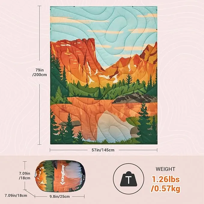 KingCamp Lightweight Camping Blanket - Puffy Printed Warm Camping Quilt with Snap Button - Portable for Travel, Hiking, Stadium, Airplane - 79" x 57" - Orange/Blue