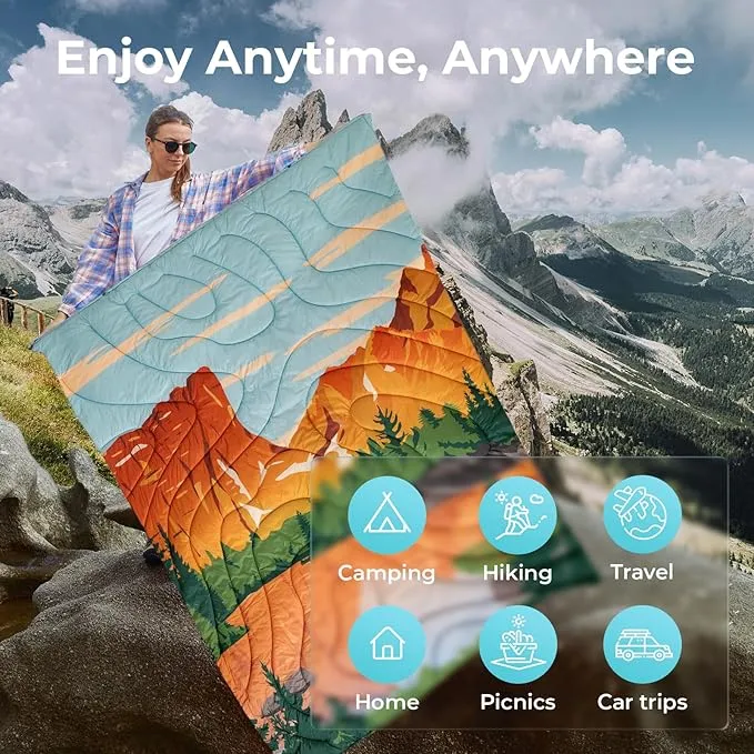 KingCamp Lightweight Camping Blanket - Puffy Printed Warm Camping Quilt with Snap Button - Portable for Travel, Hiking, Stadium, Airplane - 79" x 57" - Orange/Blue