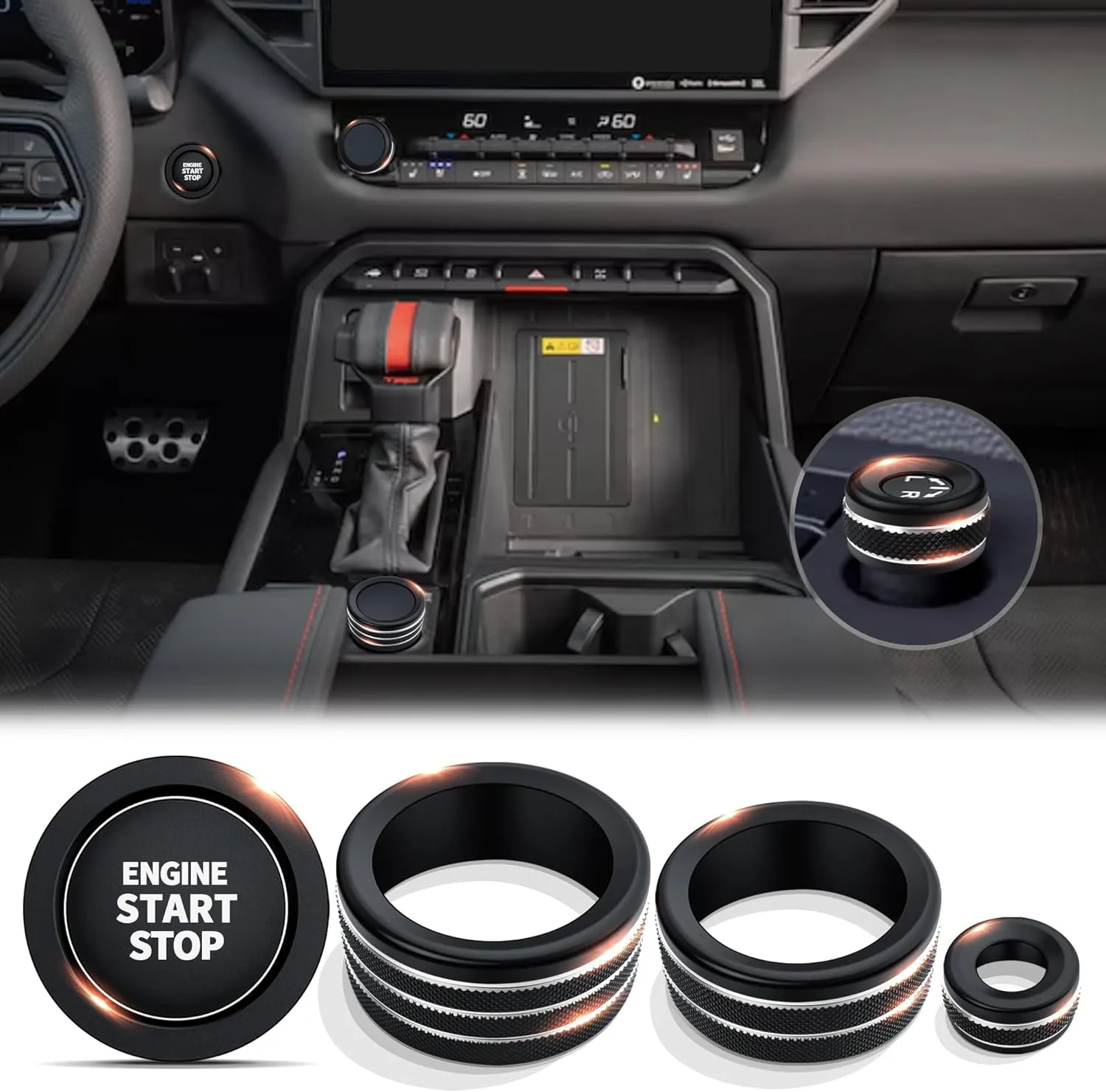 Knob Cover Accessories for Toyota Tundra 2022-2025 & Sequoia 2023-2025, 5pcs Aluminum Alloy Trim Set (Black, 14-inch Display Screen)