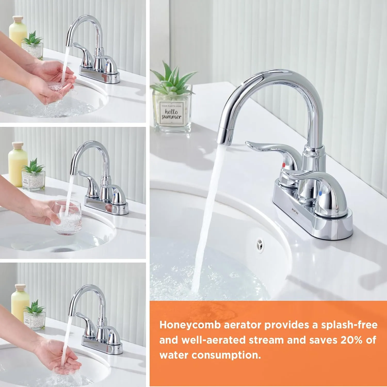 KPW Bathroom Sink Faucet 2 or 3 Hole Chrome Centerset 4 Inch Bathroom Sink Faucet 2 Handle Plating Over ABS Plastic Non-Metallic Lavatory Bathroom Faucet with Pop up Drain Water Supply Hoses