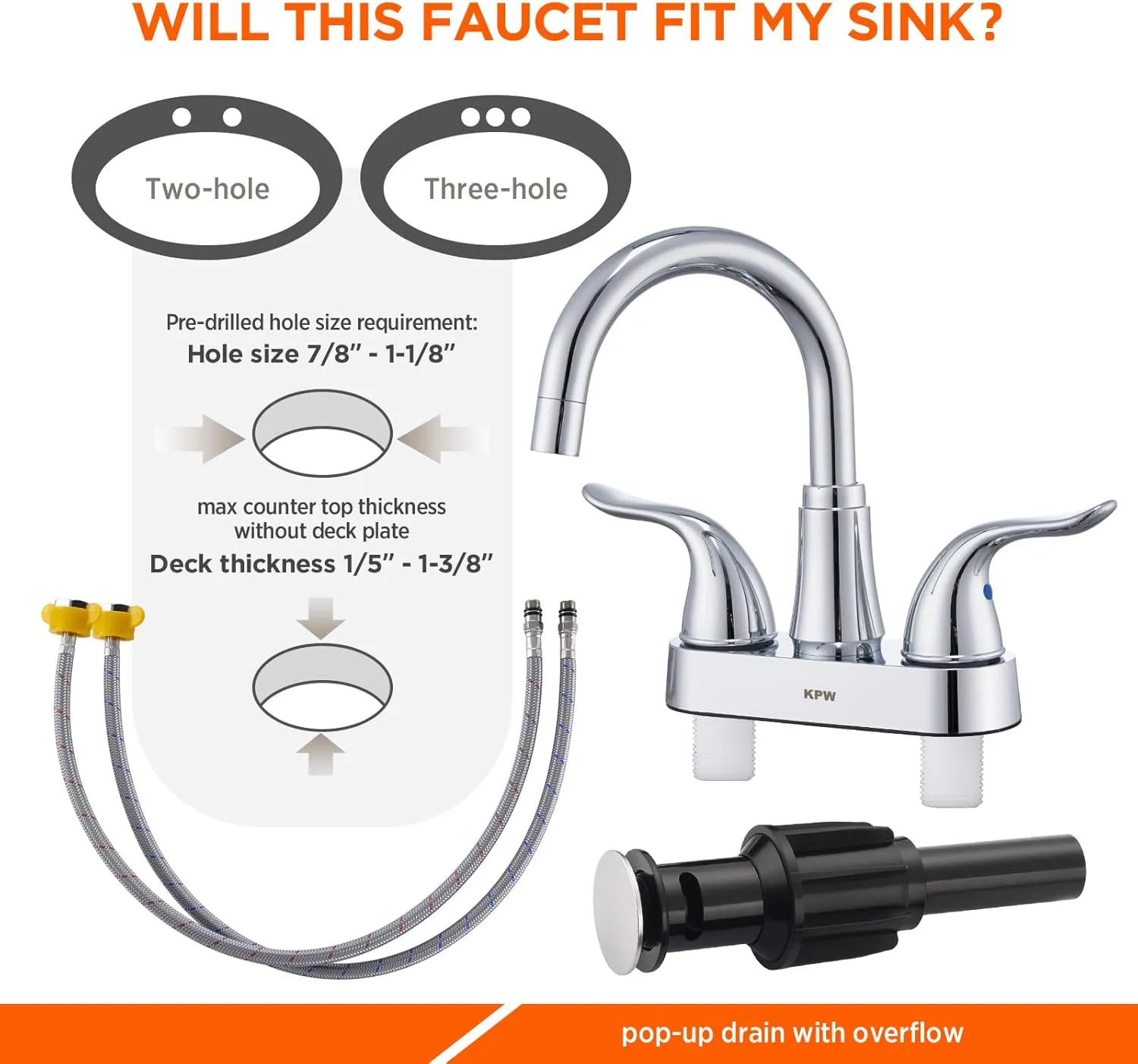 KPW Bathroom Sink Faucet 2 or 3 Hole Chrome Centerset 4 Inch Bathroom Sink Faucet 2 Handle Plating Over ABS Plastic Non-Metallic Lavatory Bathroom Faucet with Pop up Drain Water Supply Hoses