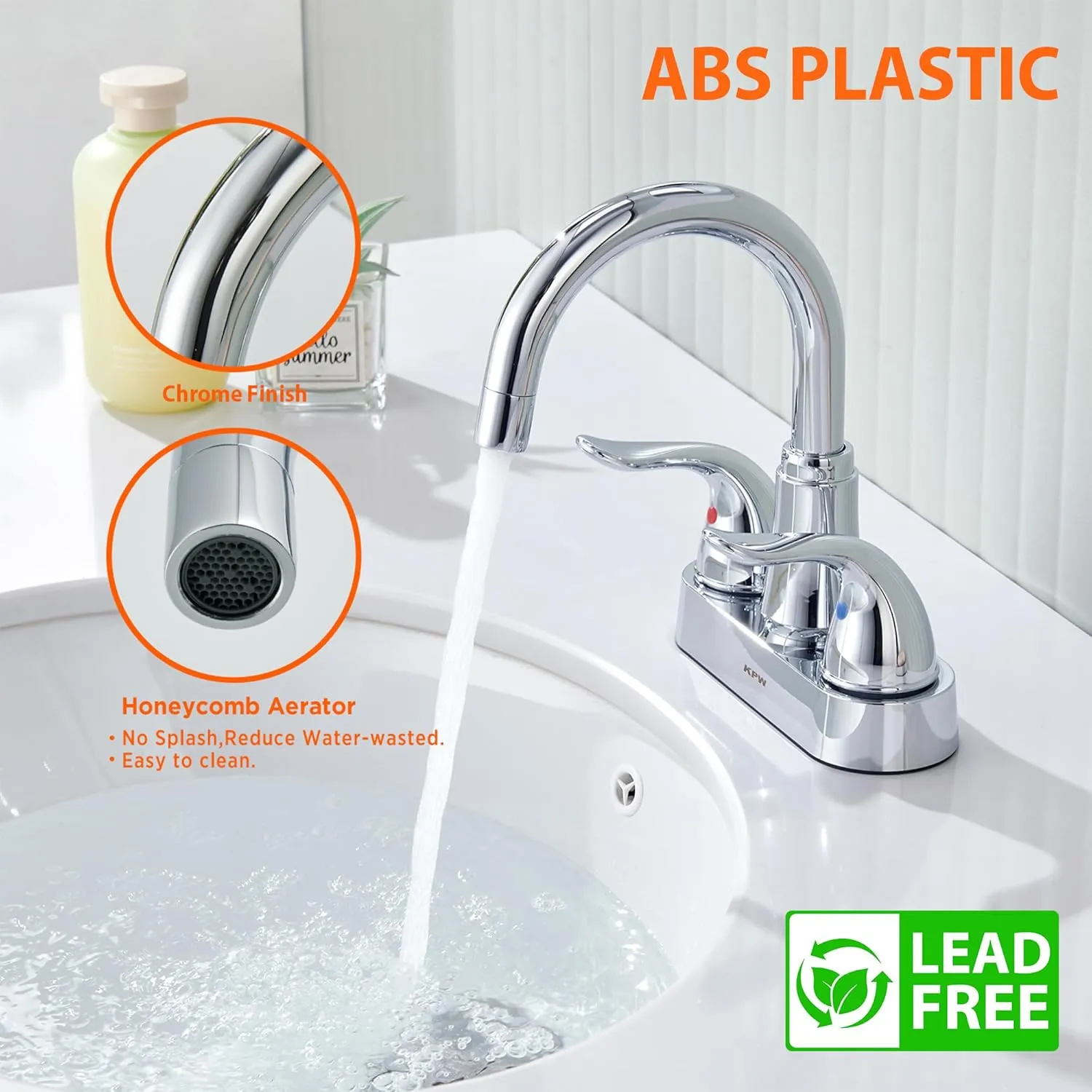KPW Bathroom Sink Faucet 2 or 3 Hole Chrome Centerset 4 Inch Bathroom Sink Faucet 2 Handle Plating Over ABS Plastic Non-Metallic Lavatory Bathroom Faucet with Pop up Drain Water Supply Hoses