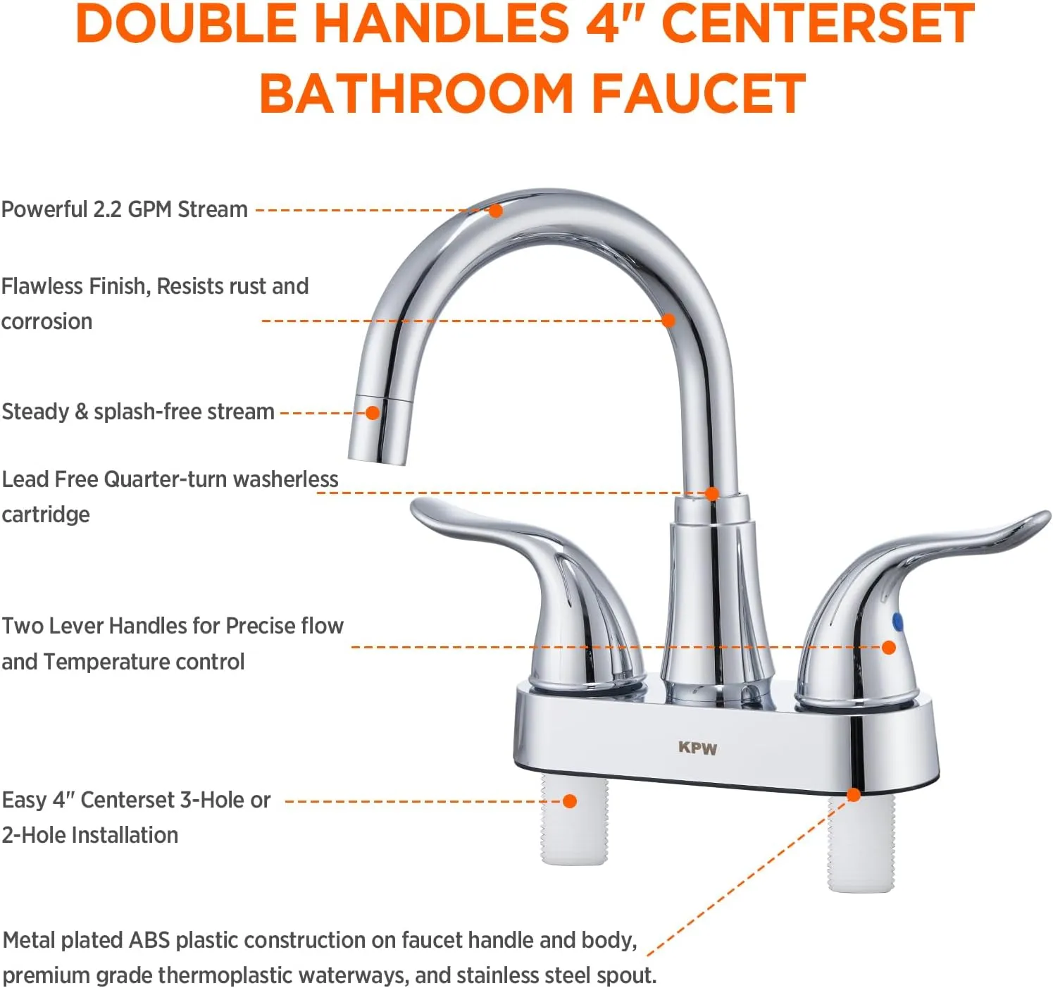 KPW Bathroom Sink Faucet 2 or 3 Hole Chrome Centerset 4 Inch Bathroom Sink Faucet 2 Handle Plating Over ABS Plastic Non-Metallic Lavatory Bathroom Faucet with Pop up Drain Water Supply Hoses