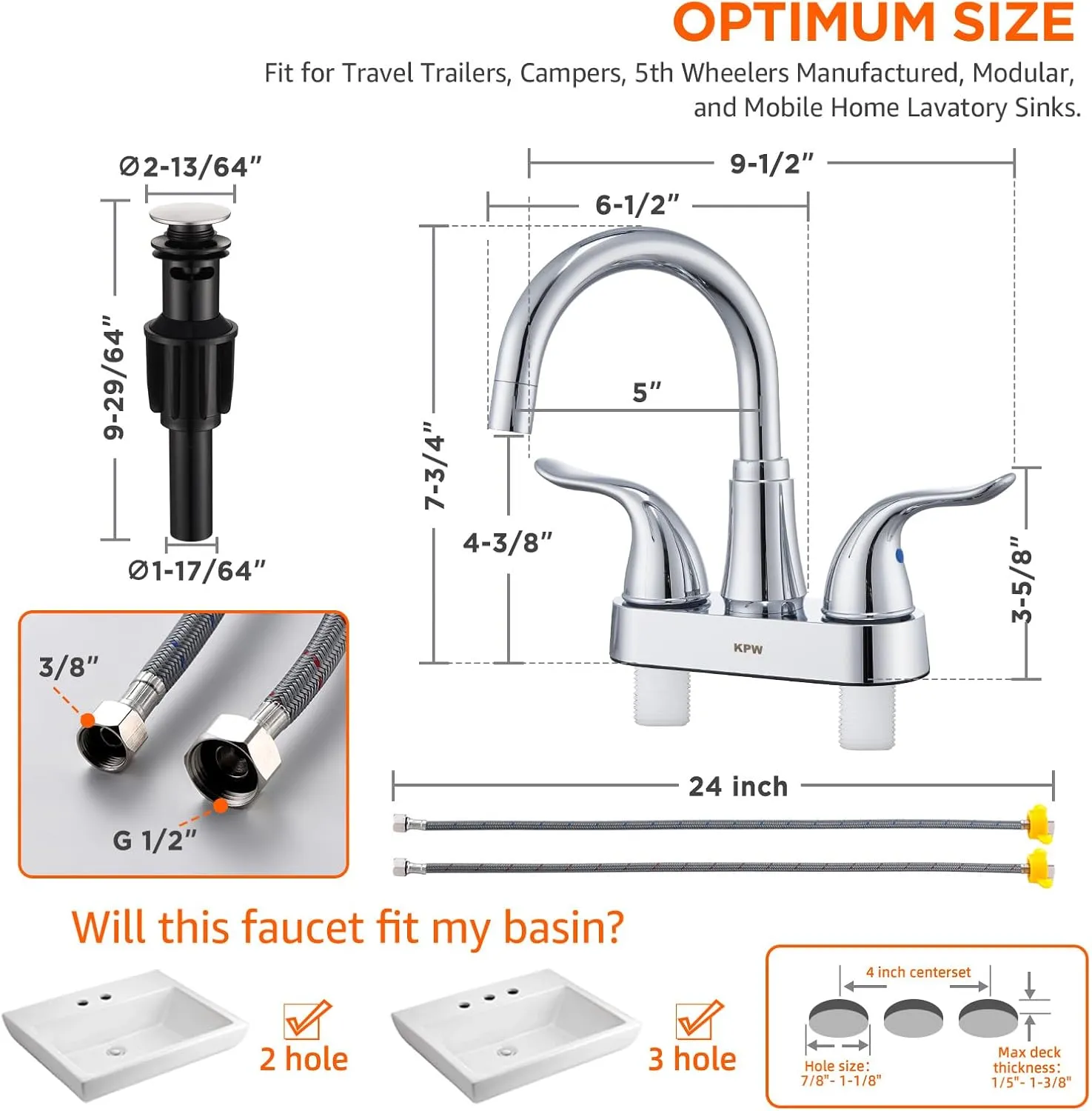 KPW Bathroom Sink Faucet 2 or 3 Hole Chrome Centerset 4 Inch Bathroom Sink Faucet 2 Handle Plating Over ABS Plastic Non-Metallic Lavatory Bathroom Faucet with Pop up Drain Water Supply Hoses