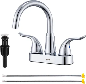KPW Bathroom Sink Faucet 2 or 3 Hole Chrome Centerset 4 Inch Bathroom Sink Faucet 2 Handle Plating Over ABS Plastic Non-Metallic Lavatory Bathroom Faucet with Pop up Drain Water Supply Hoses
