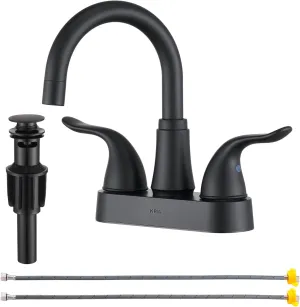 KPW Bathroom Sink Faucet 2 or 3 Hole Matte Black Centerset 4 Inch Bathroom Sink Faucet 2 Handle Plating Over ABS Plastic Non-Metallic Lavatory Bathroom Faucet with Pop up Drain Water Supply Hoses