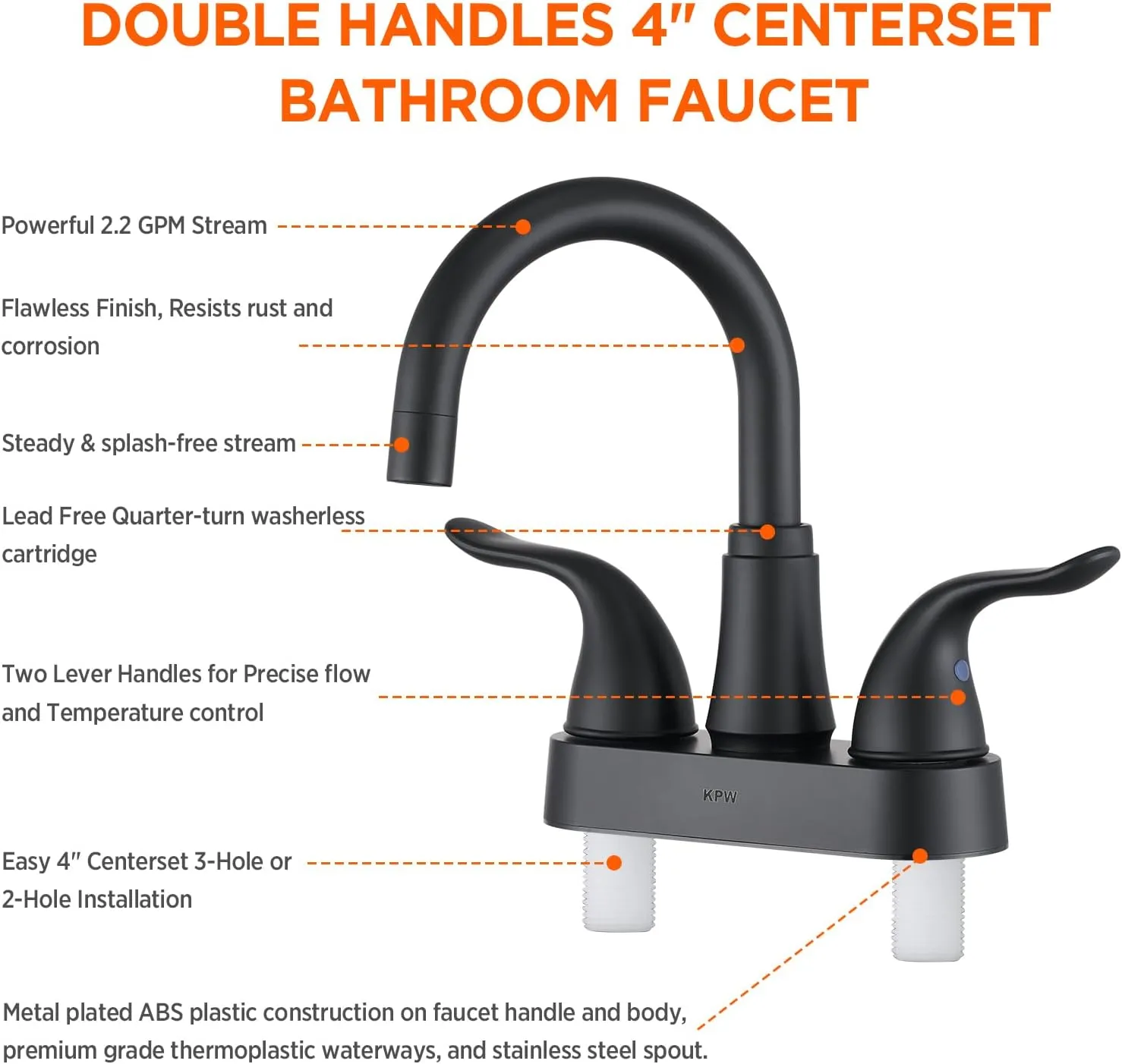KPW Bathroom Sink Faucet 2 or 3 Hole Matte Black Centerset 4 Inch Bathroom Sink Faucet 2 Handle Plating Over ABS Plastic Non-Metallic Lavatory Bathroom Faucet with Pop up Drain Water Supply Hoses