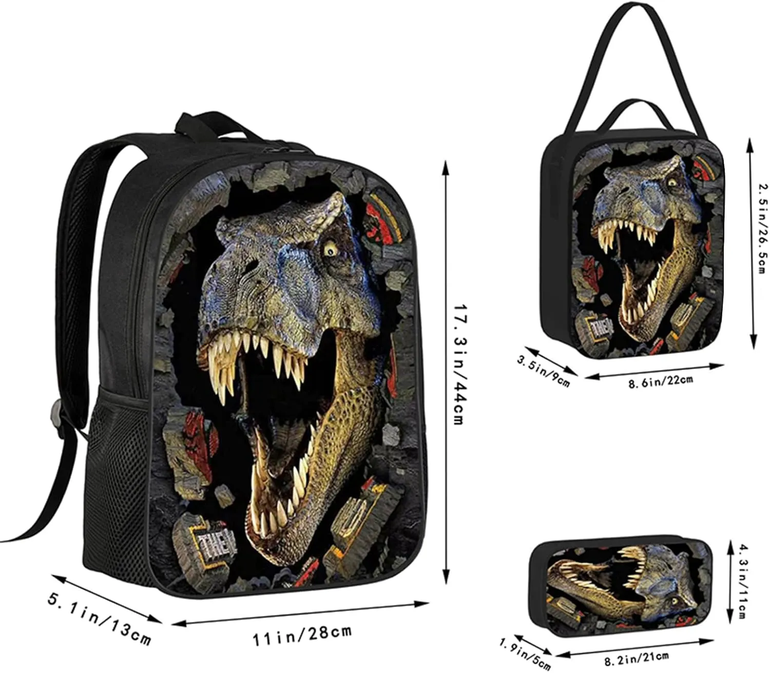 Large 17" T-Rex Dinosaur Backpack 3-in-1 Set for Boys 3-7 Years - School Book Bag with Insulated Lunch Box & Pencil Case | Adjustable Straps   Breathable Back Panel (17.3x11.8x5.8 Inch)