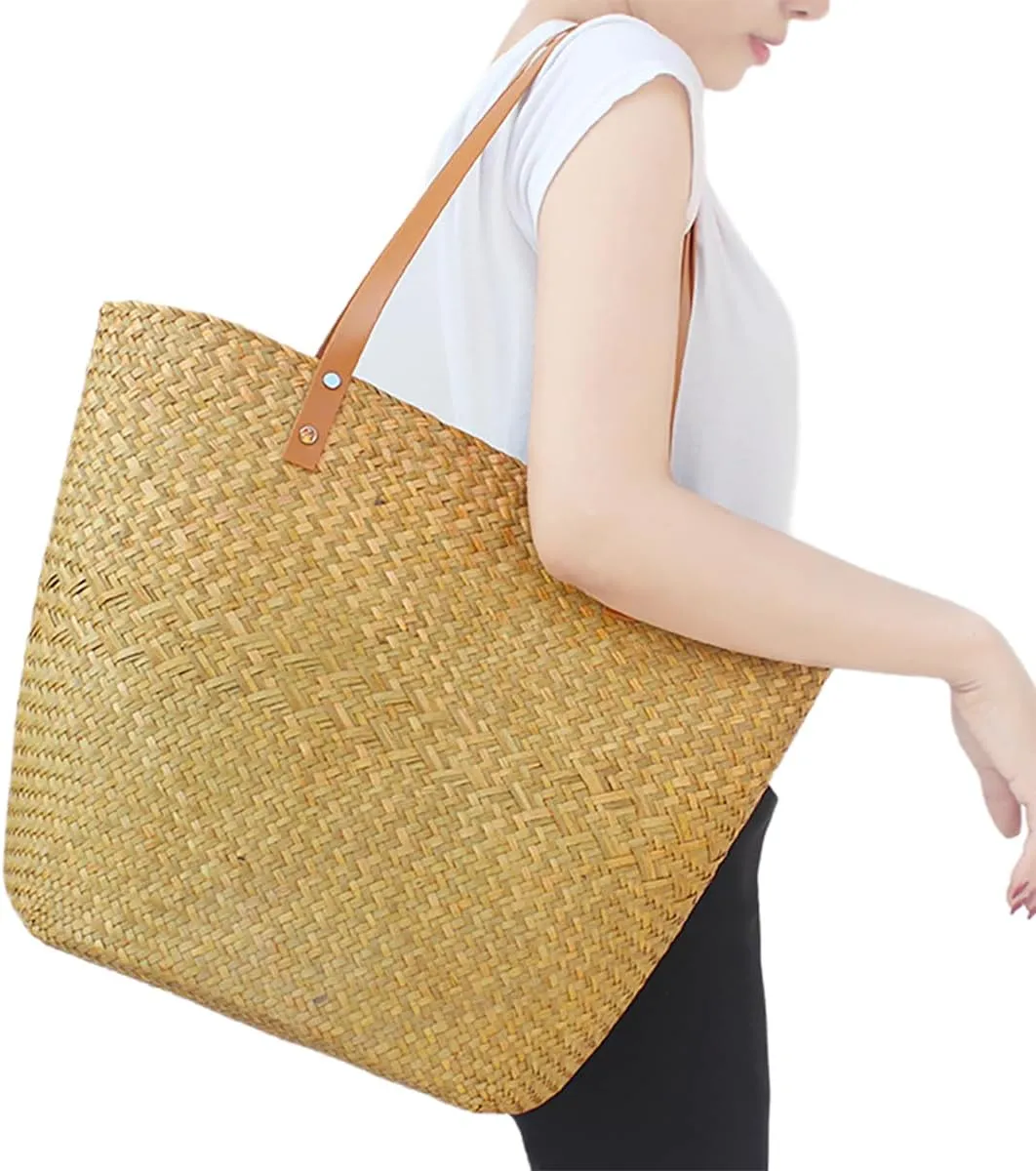 Large Straw Beach Tote Bag Straw Shoulder Bags for Women, Natural Woven Handbag No Lining Summer Purse for Vacation