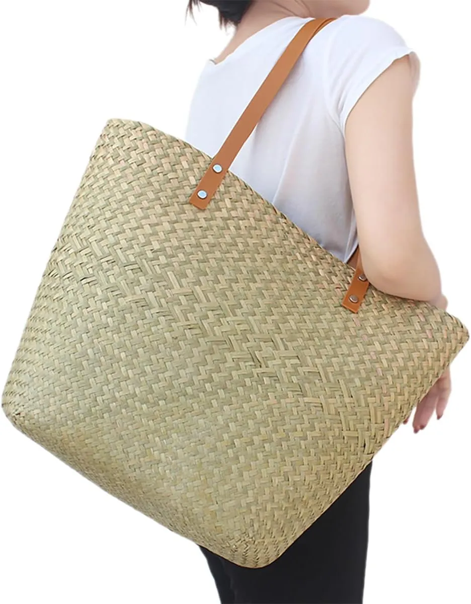 Large Straw Beach Tote Bag Straw Shoulder Bags for Women, Natural Woven Handbag No Lining Summer Purse for Vacation