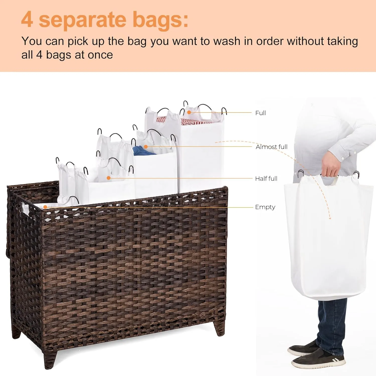 Laundry Hamper with 4 Removable Liner Bags; 176L Handwoven Rattan Laundry Basket with Lid & Heightened Feet; Clothes Hamper with Side Handles (Brown)