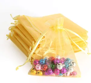 Lautechco 100Pcs Organza Bags - 3.5x4.5 inches Golden Mesh Drawstring Gift Bags for Christmas