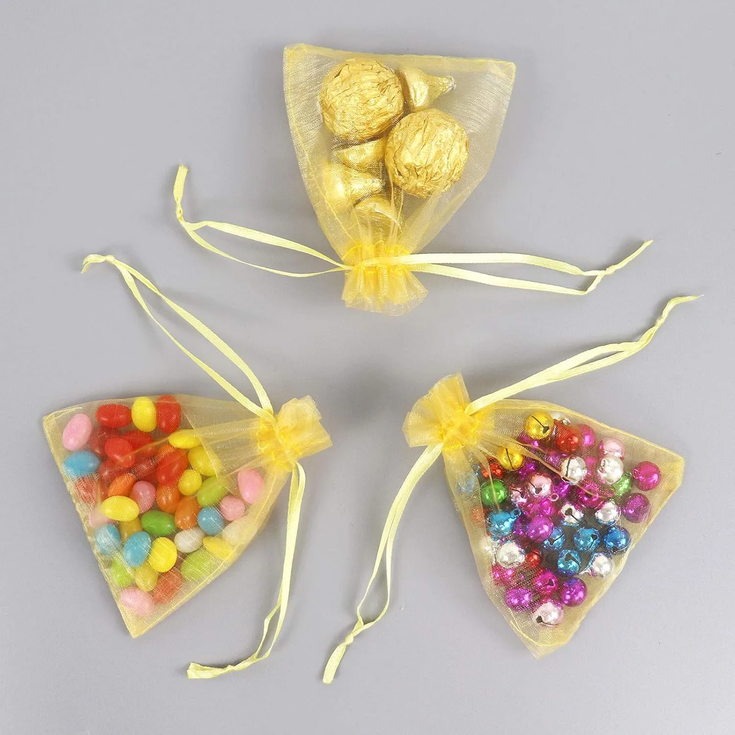 Lautechco 100Pcs Organza Bags - 3.5x4.5 inches Golden Mesh Drawstring Gift Bags for Christmas