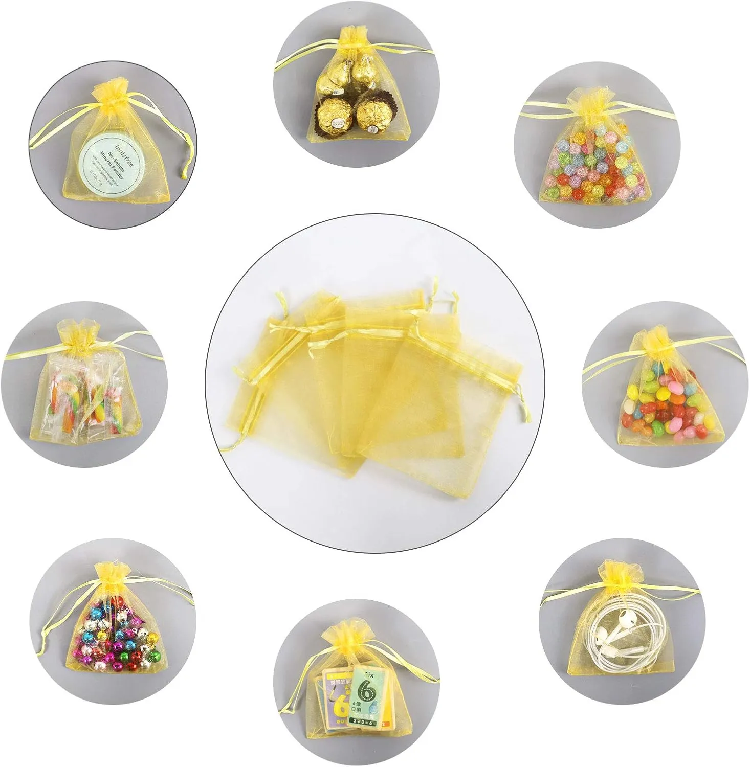 Lautechco 100Pcs Organza Bags - 3.5x4.5 inches Golden Mesh Drawstring Gift Bags for Christmas