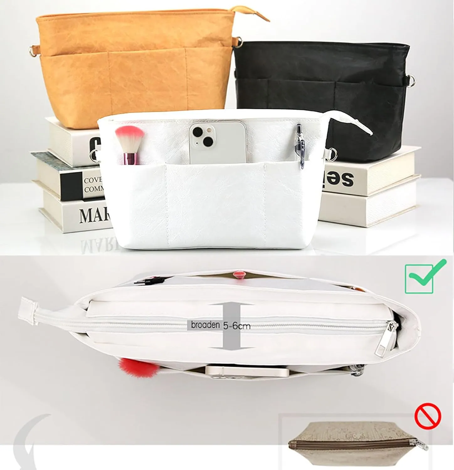 Lckaey Upgraded purse organizer insert for longchamp le pliage and neverfull handbag Ultra-light Dupont Paper insert 4002white-L