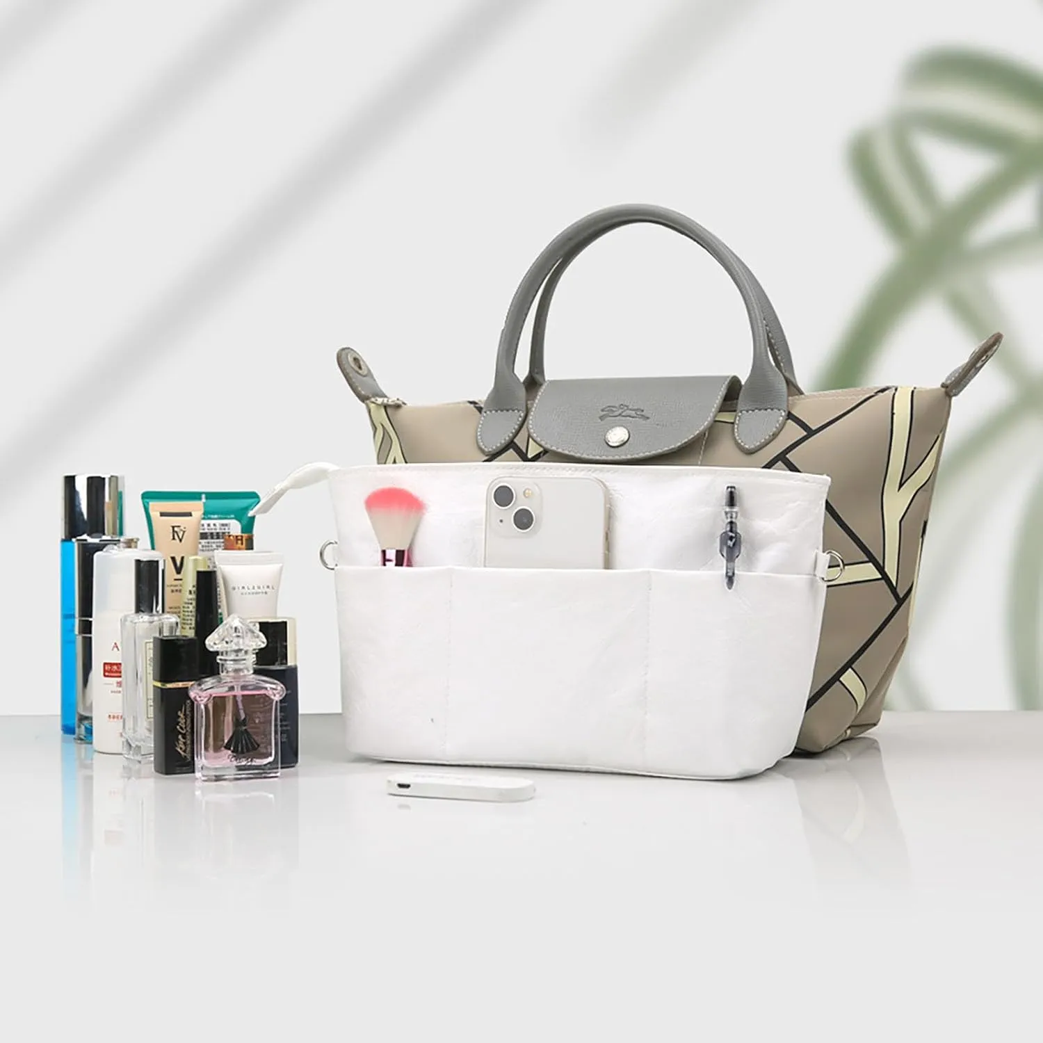 Lckaey Upgraded purse organizer insert for longchamp le pliage and neverfull handbag Ultra-light Dupont Paper insert 4002white-L