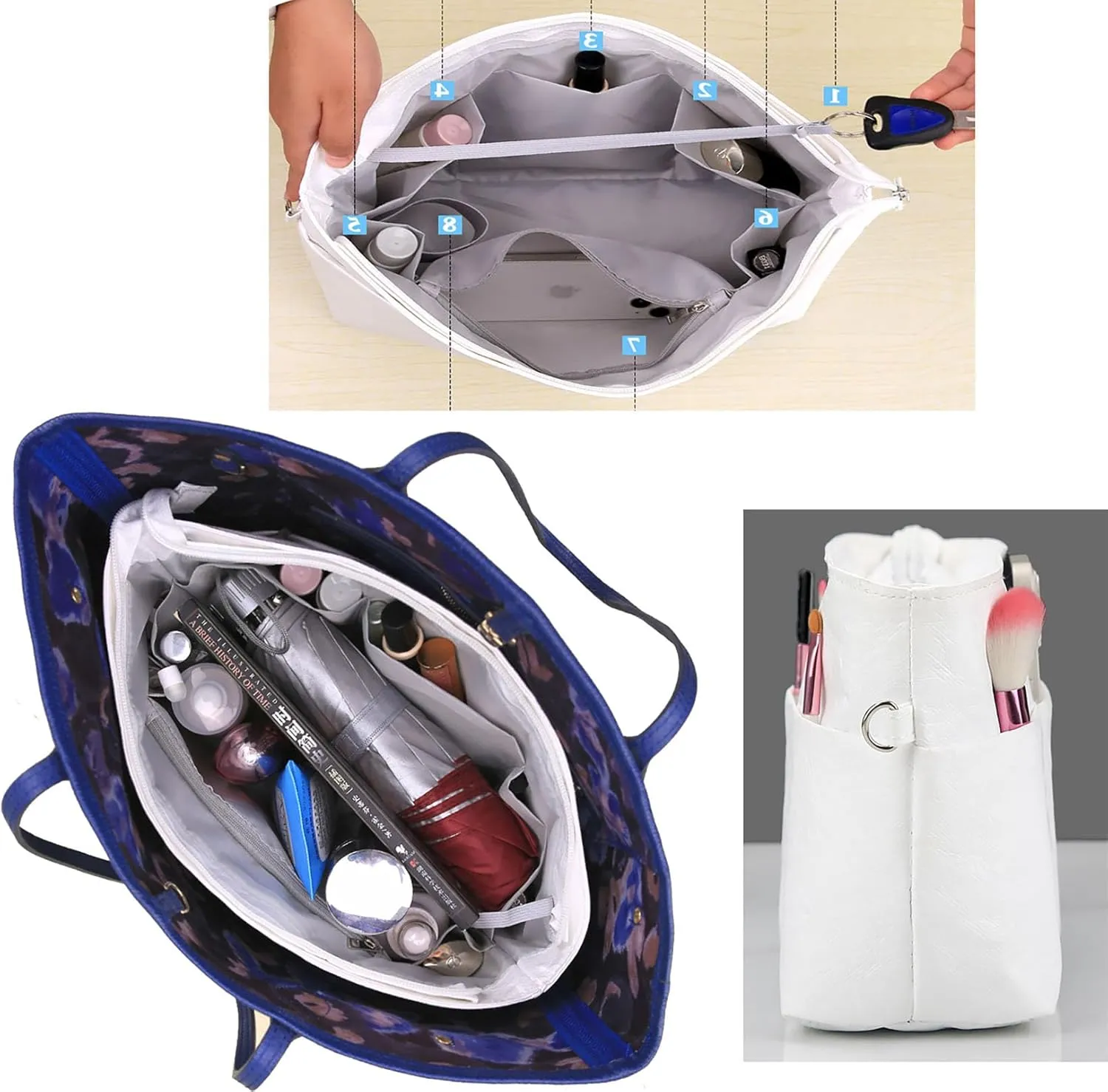 Lckaey Upgraded purse organizer insert for longchamp le pliage and neverfull handbag Ultra-light Dupont Paper insert 4002white-L
