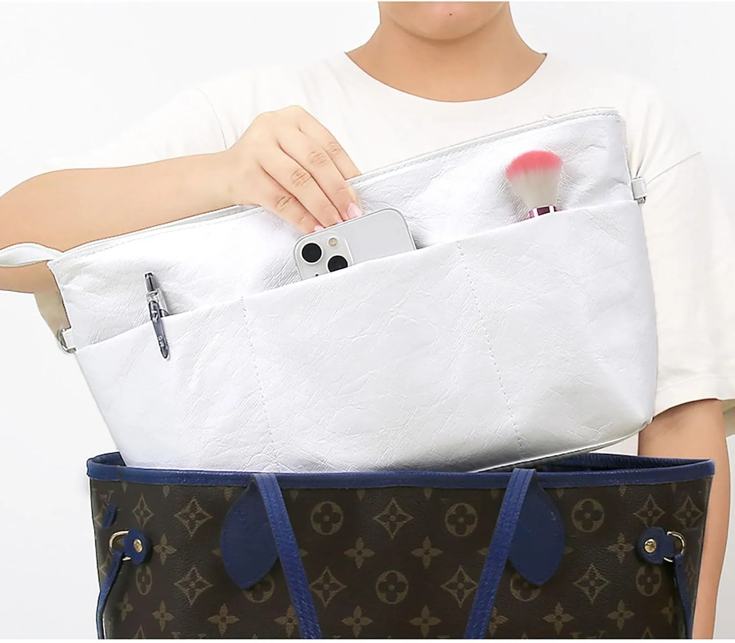 Lckaey Upgraded purse organizer insert for longchamp le pliage and neverfull handbag Ultra-light Dupont Paper insert 4002white-L