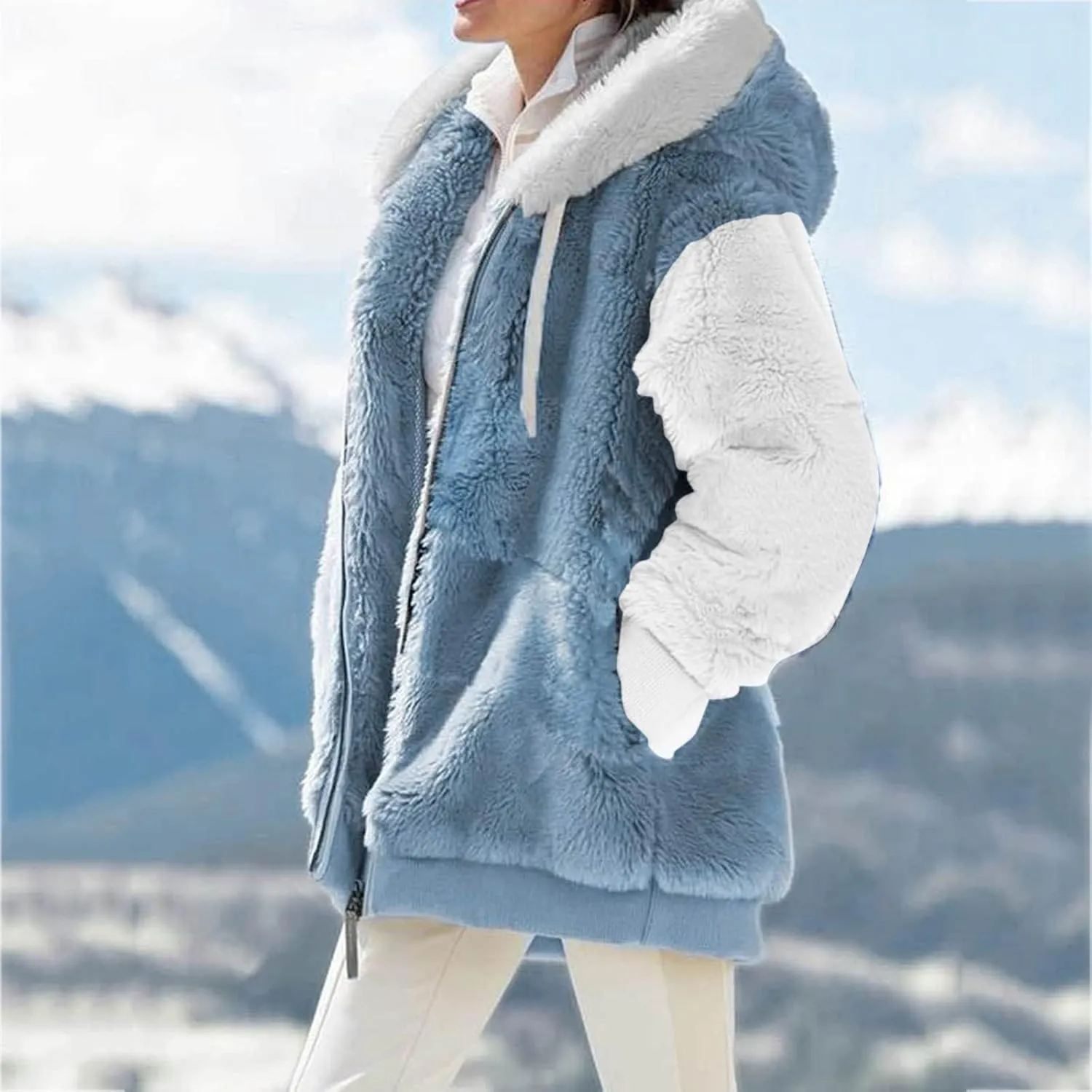 LCMTWX Womens Winter Coat Loose Solid Color Artificial Wool Zipper Drawstring Long-Sleeved Hoodie Sweater Hooded Color
