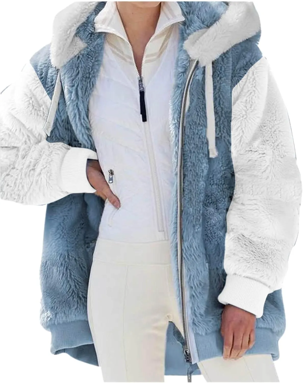 LCMTWX Womens Winter Coat Loose Solid Color Artificial Wool Zipper Drawstring Long-Sleeved Hoodie Sweater Hooded Color